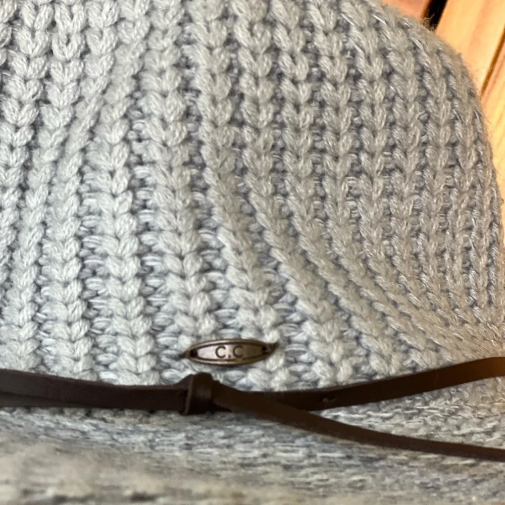 C.C Women's Gray Fall Winter Knit Leather Band Wide Brim Panama Fedora Boho Hat